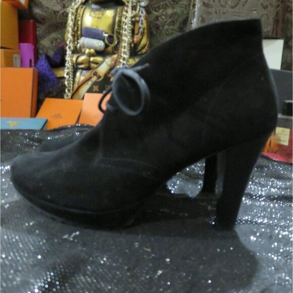 Paul Green München Black Nubuck Suede Leather Cone Heeled Booties lace ups sz 6 - Picture 1 of 13